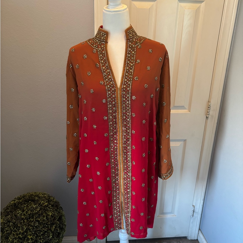 Elegant Red and Brown Long Sleeve Dress